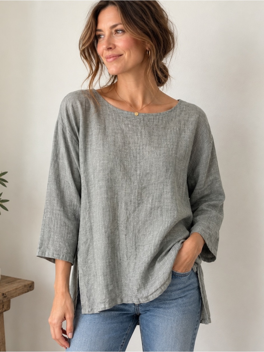 Eileen Fisher Petite Gray Linen Tunic Top Relaxed Fit 3/4 Sleeve